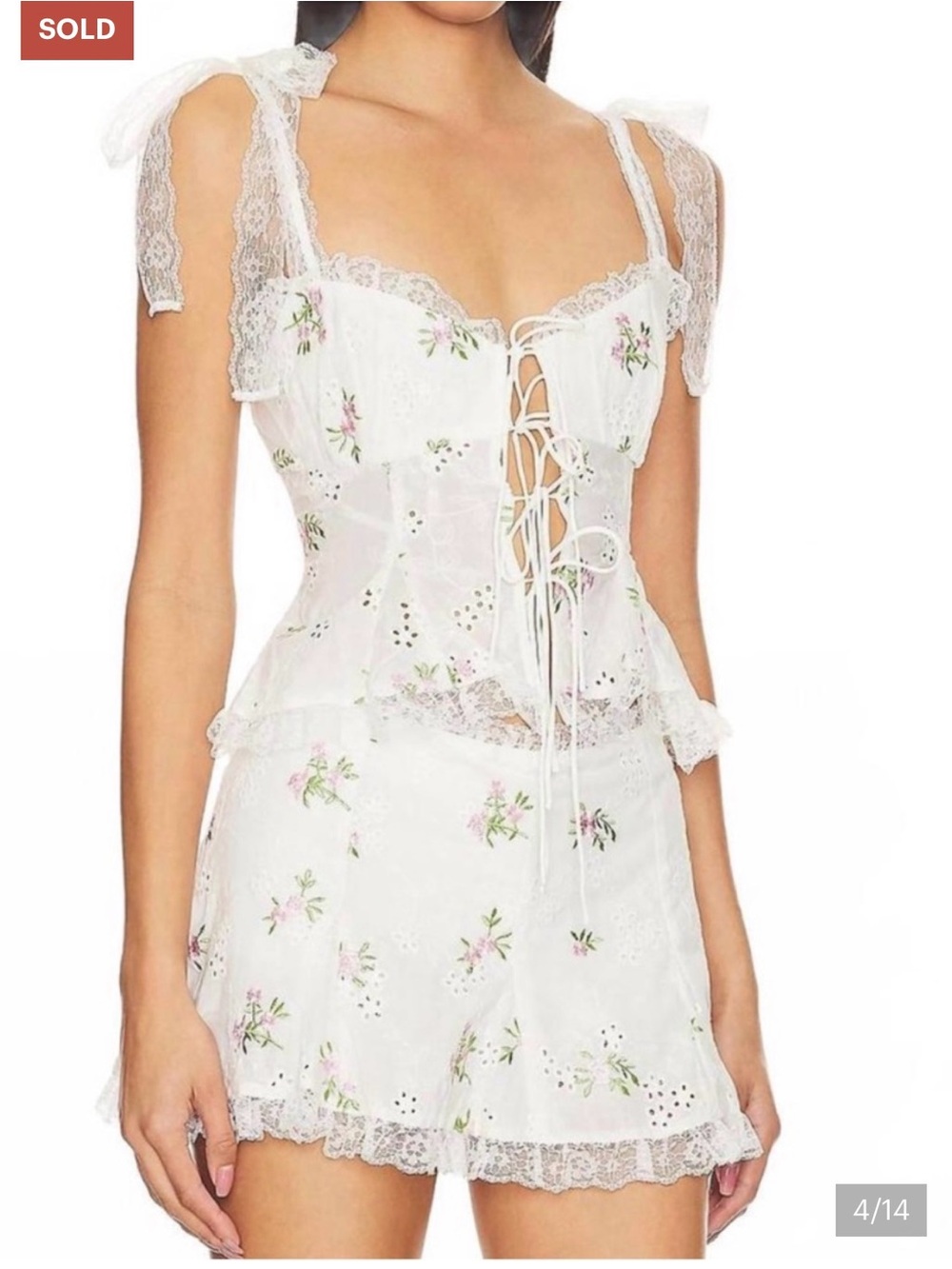NWT For Love & Lemons 2 Piece Set Kinsley Lace Embroidered Floral Top Shorts XS